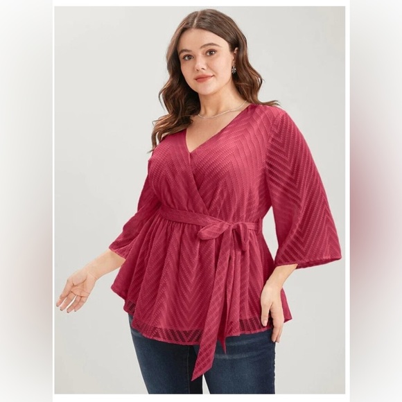 NWT Bloomchic Red Chevron Mesh Surplice Neck Belted Blouse - Picture 2 of 8